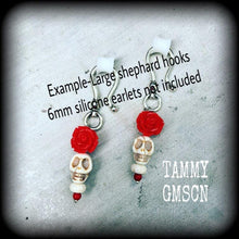 Load image into Gallery viewer, Los Muertos ear weights Skull ear hangers Rose Tunnel dangles Stone plug earrings Day of the Dead Halloween Tunnel earrings 00g 0g 2g 4g 6g