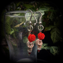 Load image into Gallery viewer, Los Muertos ear weights Skull ear hangers Rose Tunnel dangles Stone plug earrings Day of the Dead Halloween Tunnel earrings 00g 0g 2g 4g 6g