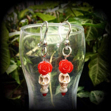 Load image into Gallery viewer, Los Muertos ear weights Skull ear hangers Rose Tunnel dangles Stone plug earrings Day of the Dead Halloween Tunnel earrings 00g 0g 2g 4g 6g