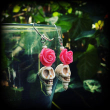 Load image into Gallery viewer, Skull and rose earrings Day of the Dead earrings Los Muertos earrings Pink rose earrings Plug earrings Halloween earrings Pierced ears Rosa