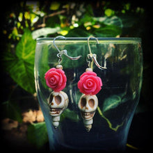 Load image into Gallery viewer, Skull and rose earrings Day of the Dead earrings Los Muertos earrings Pink rose earrings Plug earrings Halloween earrings Pierced ears Rosa