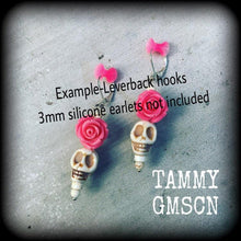Load image into Gallery viewer, Skull and rose earrings Day of the Dead earrings Los Muertos earrings Pink rose earrings Plug earrings Halloween earrings Pierced ears Rosa
