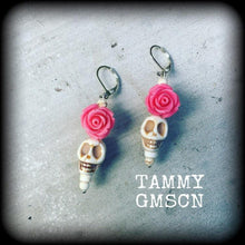Load image into Gallery viewer, Skull and rose earrings Day of the Dead earrings Los Muertos earrings Pink rose earrings Plug earrings Halloween earrings Pierced ears Rosa