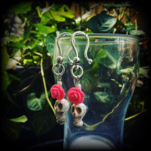 Load image into Gallery viewer, Stone ear weight Skull Ear hanger Day of the Dead Voodoo Plug dangles Rosa Tunnel dangles Halloween Tunnel earrings 00g 0g 2g 4g 6g 8g 10g