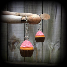 Load image into Gallery viewer, Cupcake earrings for pierced ears or stretched lobes, Food earrings, Muffin earrins, Cake earrings, Tunnel dangles, Ear hangers, Gauges