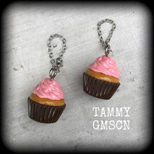 Load image into Gallery viewer, Cupcake earrings for pierced ears or stretched lobes, Food earrings, Muffin earrins, Cake earrings, Tunnel dangles, Ear hangers, Gauges
