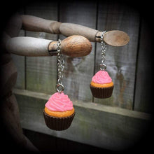 Load image into Gallery viewer, Cupcake earrings for pierced ears or stretched lobes, Food earrings, Muffin earrins, Cake earrings, Tunnel dangles, Ear hangers, Gauges