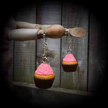 Load image into Gallery viewer, Cupcake earrings for pierced ears or stretched lobes, Food earrings, Muffin earrins, Cake earrings, Tunnel dangles, Ear hangers, Gauges