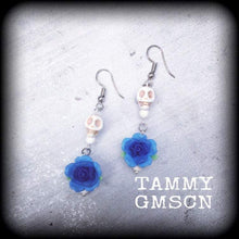 Load image into Gallery viewer, Halloween earrings Skull ear hangers Tunnel dangles Plug earrings Day of the Dead Los Muertos Pierced ears Frost Bite Hanging gauges 8g 6g 4