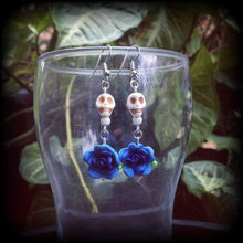 Load image into Gallery viewer, Halloween earrings Skull ear hangers Tunnel dangles Plug earrings Day of the Dead Los Muertos Pierced ears Frost Bite Hanging gauges 8g 6g 4