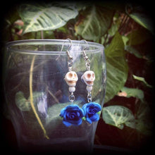 Load image into Gallery viewer, Halloween earrings Skull ear hangers Tunnel dangles Plug earrings Day of the Dead Los Muertos Pierced ears Frost Bite Hanging gauges 8g 6g 4