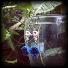 Load image into Gallery viewer, Halloween earrings Skull ear hangers Tunnel dangles Plug earrings Day of the Dead Los Muertos Pierced ears Frost Bite Hanging gauges 8g 6g 4
