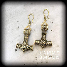 Load image into Gallery viewer, Thors Hammer earrings Rune Viking Plug earrings Occult Viking Norse Esoteric Gauged earrings Pierced ears Tunnel dangles Ear weights 00g 0g