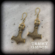 Load image into Gallery viewer, Thors Hammer earrings Rune Viking Plug earrings Occult Viking Norse Esoteric Gauged earrings Pierced ears Tunnel dangles Ear weights 00g 0g