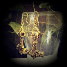 Load image into Gallery viewer, Thors Hammer earrings Rune Viking Plug earrings Occult Viking Norse Esoteric Gauged earrings Pierced ears Tunnel dangles Ear weights 00g 0g