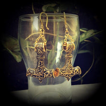 Load image into Gallery viewer, Thors Hammer earrings Rune Viking Plug earrings Occult Viking Norse Esoteric Gauged earrings Pierced ears Tunnel dangles Ear weights 00g 0g