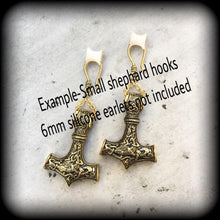 Load image into Gallery viewer, Thors Hammer earrings Rune Viking Plug earrings Occult Viking Norse Esoteric Gauged earrings Pierced ears Tunnel dangles Ear weights 00g 0g
