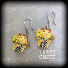 Load image into Gallery viewer, Maneki Neko earrings for stretched lobes, Happy Cat ear weights, Japanese Beckoning Cat, Plug dangles, Hanging gauges, Tunnel dangles, Gauge