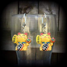 Load image into Gallery viewer, Maneki Neko earrings for stretched lobes, Happy Cat ear weights, Japanese Beckoning Cat, Plug dangles, Hanging gauges, Tunnel dangles, Gauge