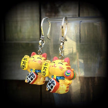 Load image into Gallery viewer, Maneki Neko earrings for stretched lobes, Happy Cat ear weights, Japanese Beckoning Cat, Plug dangles, Hanging gauges, Tunnel dangles, Gauge