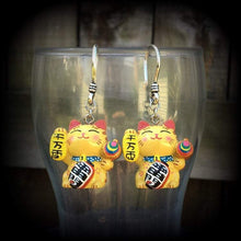 Load image into Gallery viewer, Maneki Neko earrings for stretched lobes, Happy Cat ear weights, Japanese Beckoning Cat, Plug dangles, Hanging gauges, Tunnel dangles, Gauge