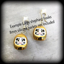 Load image into Gallery viewer, Daruma earrings, Japanese earrings, Kawaii earrings, Prosperity charm, Wealth charm, Bodhidharma, Tunnel dangles, Plug earrings, Pierced ear