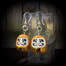 Load image into Gallery viewer, Daruma earrings, Japanese earrings, Kawaii earrings, Prosperity charm, Wealth charm, Bodhidharma, Tunnel dangles, Plug earrings, Pierced ear