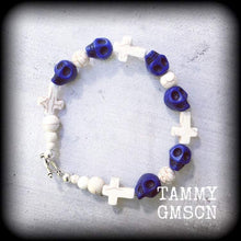 Load image into Gallery viewer, Halloween skull bracelet Day of the Dead bracelet Skull bracelet Cross bracelet Stone bracelet Santeria bracelet Gothic Voodoo bracelet