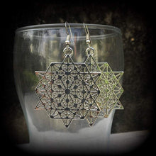 Load image into Gallery viewer, Metatrons cube earrings, Sacred Geometry, Geometric earrings, Hexagon earrings, Fractal jewelry, Platonic solids, Large earrings, Heavy 0g