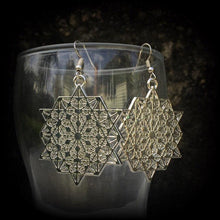 Load image into Gallery viewer, Metatrons cube earrings, Sacred Geometry, Geometric earrings, Hexagon earrings, Fractal jewelry, Platonic solids, Large earrings, Heavy 0g