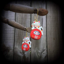 Load image into Gallery viewer, Maneki Neko Earrings Happy Cat Daruma Japanese Beckoning Cat Plug earrings Kawaii Kitsch earrings Tunnel earrings Tunnel dangles Gauges 0g