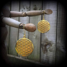 Load image into Gallery viewer, Flower of Life earrings Seed of life earrings Tunnel earrings Plug earrings Tunnel dangles Meditation Yoga Ohm Sacred Geometry jewelry