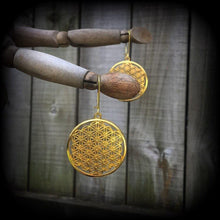 Load image into Gallery viewer, Flower of Life earrings Seed of life earrings Tunnel earrings Plug earrings Tunnel dangles Meditation Yoga Ohm Sacred Geometry jewelry