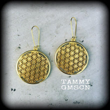 Load image into Gallery viewer, Flower of Life earrings Seed of life earrings Tunnel earrings Plug earrings Tunnel dangles Meditation Yoga Ohm Sacred Geometry jewelry