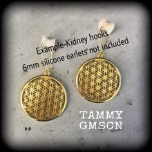 Load image into Gallery viewer, Flower of Life earrings Seed of life earrings Tunnel earrings Plug earrings Tunnel dangles Meditation Yoga Ohm Sacred Geometry jewelry