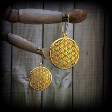Load image into Gallery viewer, Flower of Life earrings Seed of life earrings Tunnel earrings Plug earrings Tunnel dangles Meditation Yoga Ohm Sacred Geometry jewelry