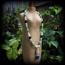 Load image into Gallery viewer, Los Muertos necklace Day of the Dead necklace Rose necklace Santeria Voodoo Inverted Cross Halloween necklace Frost Bite Samhain Blue Rose