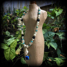 Load image into Gallery viewer, Los Muertos necklace Day of the Dead necklace Rose necklace Santeria Voodoo Inverted Cross Halloween necklace Frost Bite Samhain Blue Rose