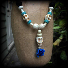Load image into Gallery viewer, Los Muertos necklace Day of the Dead necklace Rose necklace Santeria Voodoo Inverted Cross Halloween necklace Frost Bite Samhain Blue Rose