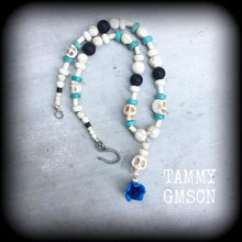 Load image into Gallery viewer, Los Muertos necklace Day of the Dead necklace Rose necklace Santeria Voodoo Inverted Cross Halloween necklace Frost Bite Samhain Blue Rose