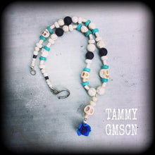 Load image into Gallery viewer, Los Muertos necklace Day of the Dead necklace Rose necklace Santeria Voodoo Inverted Cross Halloween necklace Frost Bite Samhain Blue Rose