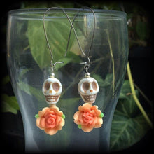Load image into Gallery viewer, Rockabilly earrings, Halloween earrings, Ear hangers, Day of the Dead, Skull Rose earrings, Plug earrings, Los Muertos jewelry, Tunnels