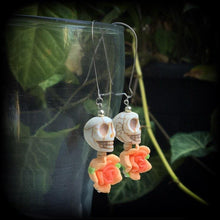 Load image into Gallery viewer, Rockabilly earrings, Halloween earrings, Ear hangers, Day of the Dead, Skull Rose earrings, Plug earrings, Los Muertos jewelry, Tunnels