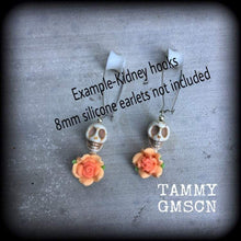 Load image into Gallery viewer, Rockabilly earrings, Halloween earrings, Ear hangers, Day of the Dead, Skull Rose earrings, Plug earrings, Los Muertos jewelry, Tunnels