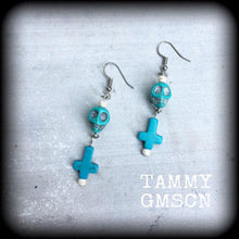 Load image into Gallery viewer, Skull earrings Cross earrings Day of the Dead earrings Los Muertos earrings Halloween earrings Tunnel earrings Hanging gauges Frost Bite 2g