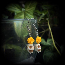 Load image into Gallery viewer, Rockabilly earrings Halloween earrings Day of the Dead Skull Rose earrings Santeria Voodoo Los Muertos Kidney hook French hooks Pierced ears