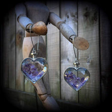 Load image into Gallery viewer, Amethyst earrings Heart earrings Valentines Gemstone Crystal Pierced ears Gauged earrings Plug earrings Dangly plugs Ear hangers Ear weights