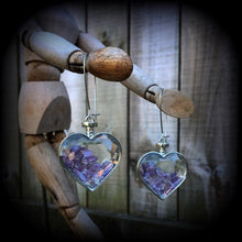 Load image into Gallery viewer, Amethyst earrings Heart earrings Valentines Gemstone Crystal Pierced ears Gauged earrings Plug earrings Dangly plugs Ear hangers Ear weights