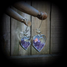 Load image into Gallery viewer, Amethyst earrings Heart earrings Valentines Gemstone Crystal Pierced ears Gauged earrings Plug earrings Dangly plugs Ear hangers Ear weights
