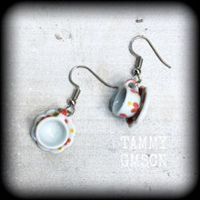 Load image into Gallery viewer, Tea cup earrings Tea Party Heart earrings Tea cup jewelry Alice in Wonderland 5mm Tunnel earrings 4mm Tunnel dangles 3mm Plug earrings Plugs